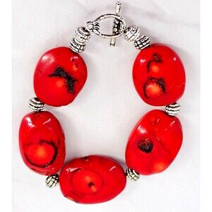 Red Coral Chunky Statement Bracelet with Silver Tone Spacer Beads Tribal Ethnic